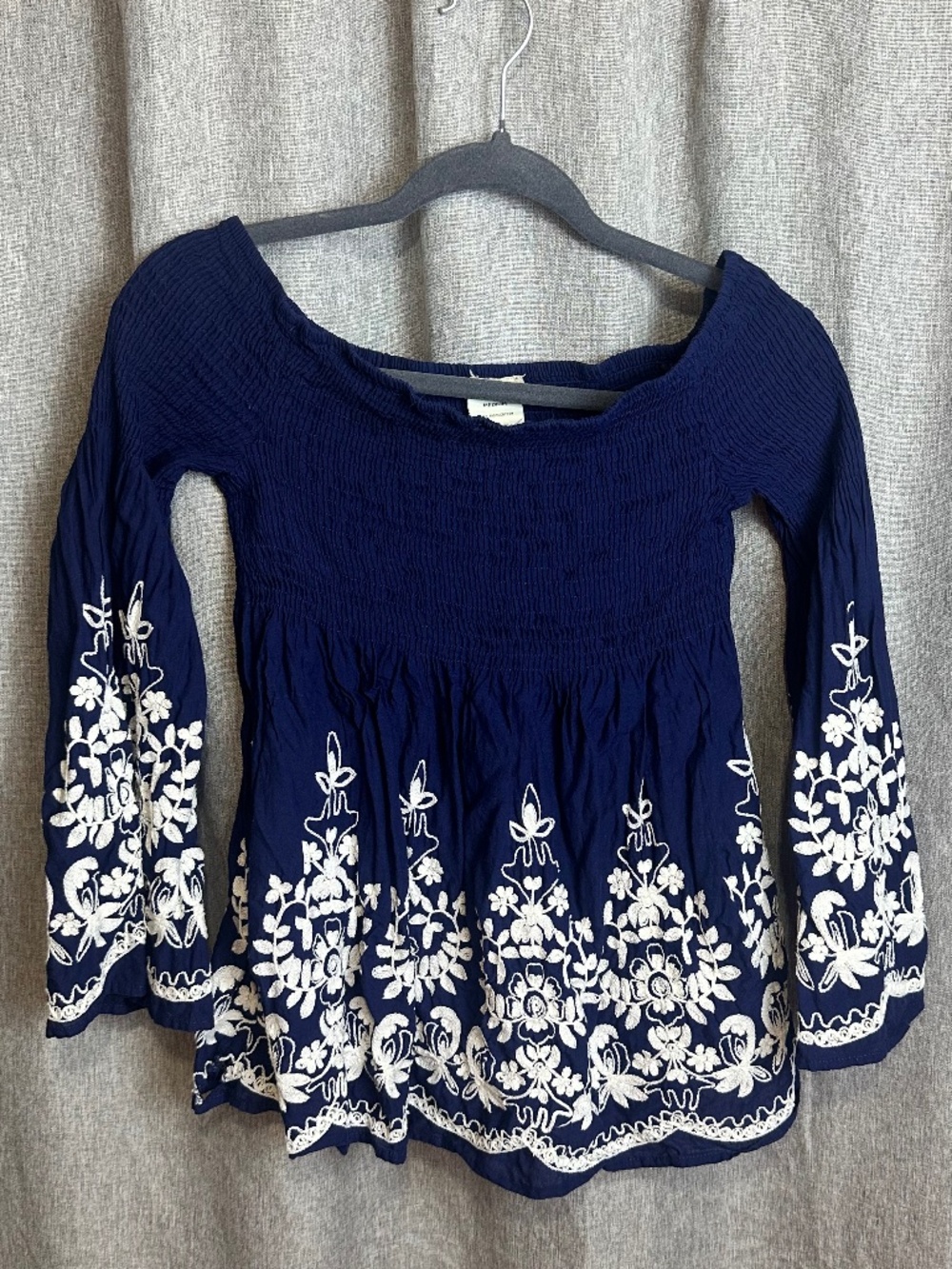 Flying Tomato Boho Embroidered Smocked Off-Shoulder Top Navy Blue Medium
